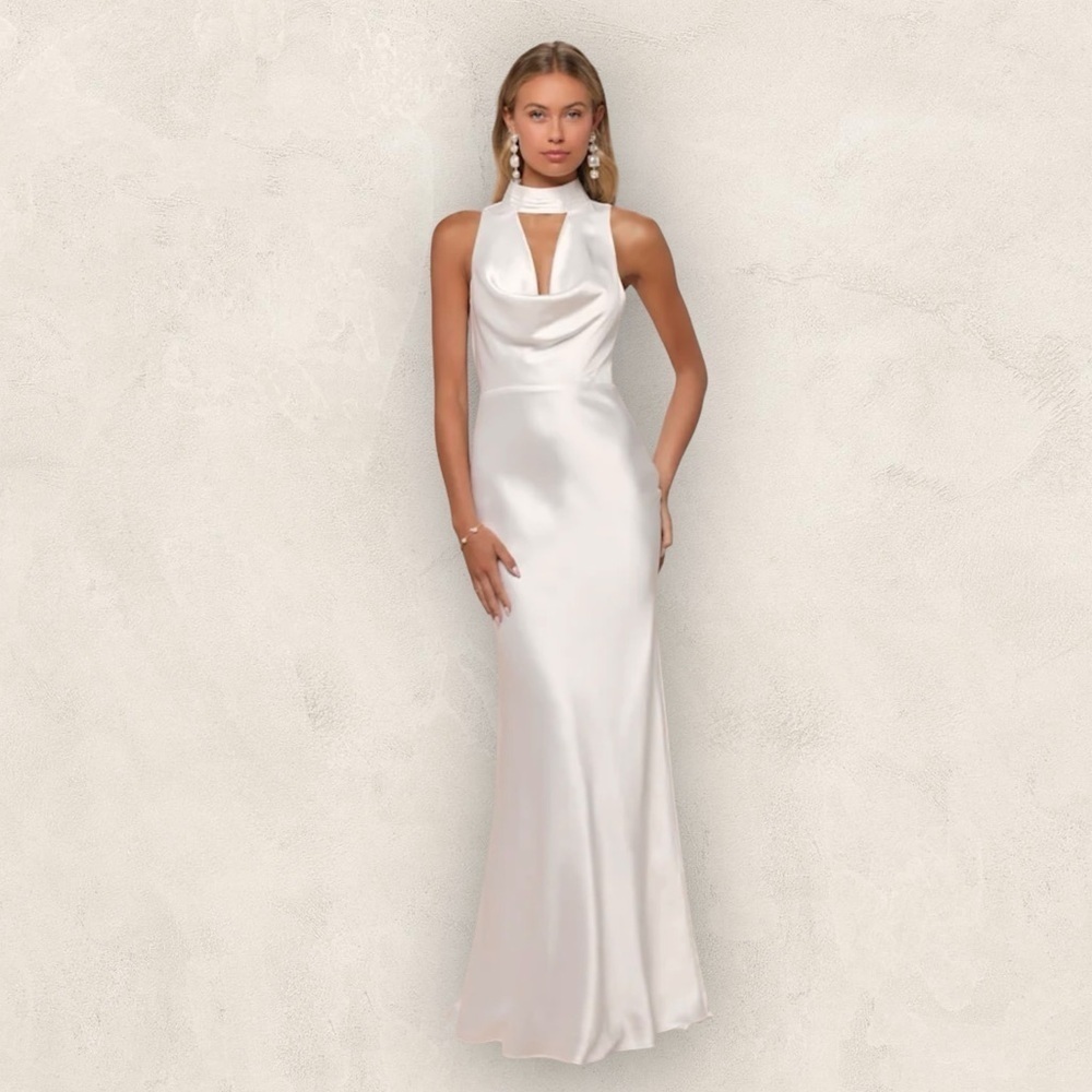 NEW Lulus Gorgeous Vow White Satin Mock Neck Cowl Mermaid Maxi Dress. Sm #1555